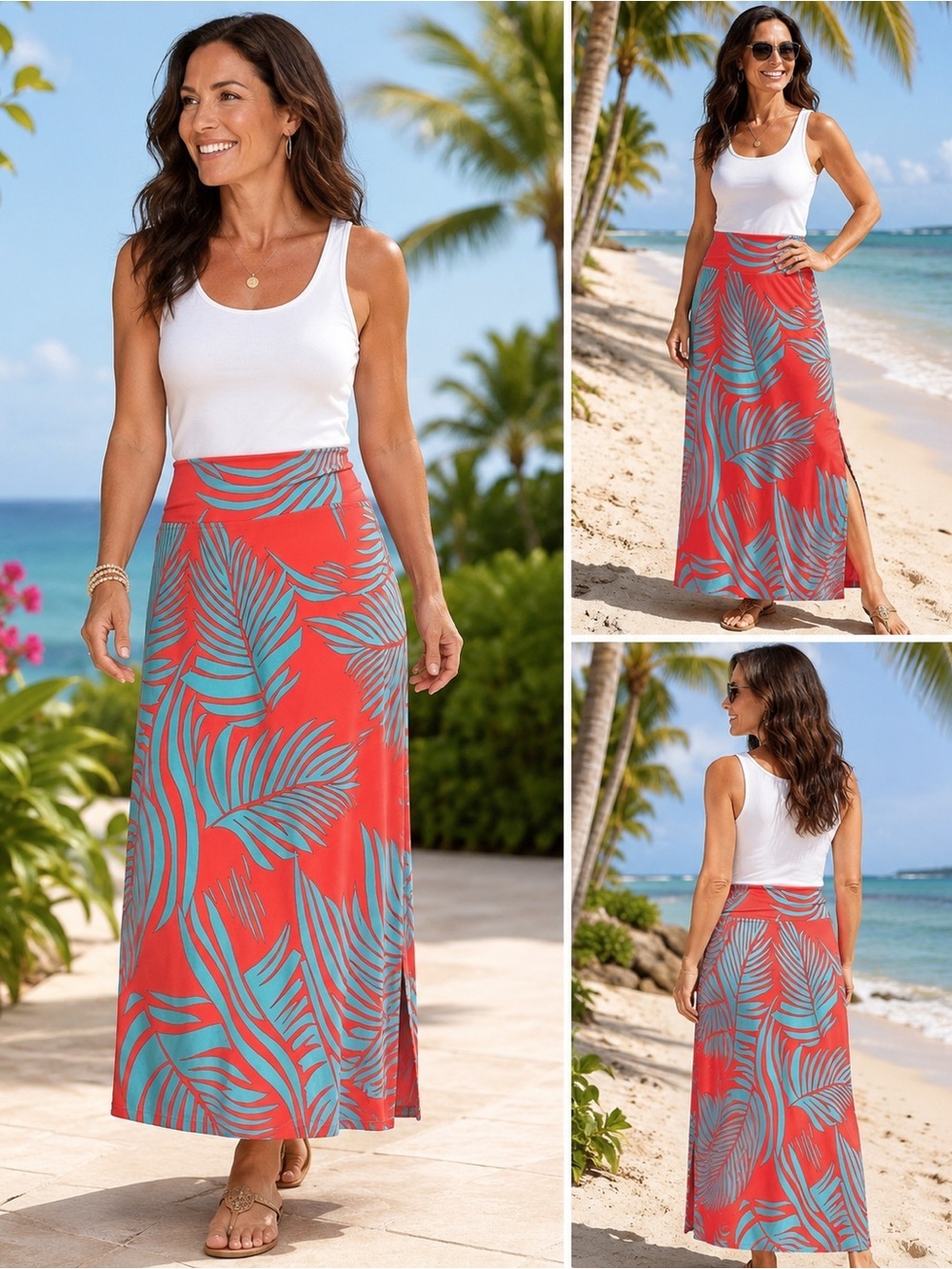Kim & Co Tropical Palm Print Maxi Skirt Papaya Turquoise XL Made in Canada